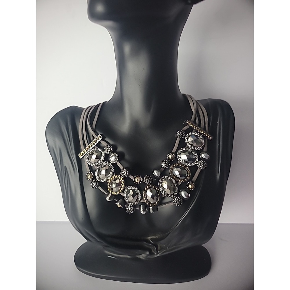Vintage Silver Tone Leather Necklace Beaded Gray Gold Brown Crystals Jewelry
